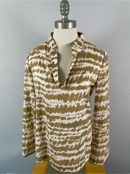 Tory Burch Tops - Tory Burch 100% Cotton Blouse Tan & White Size 4 Sequins with Orange Logo Tag